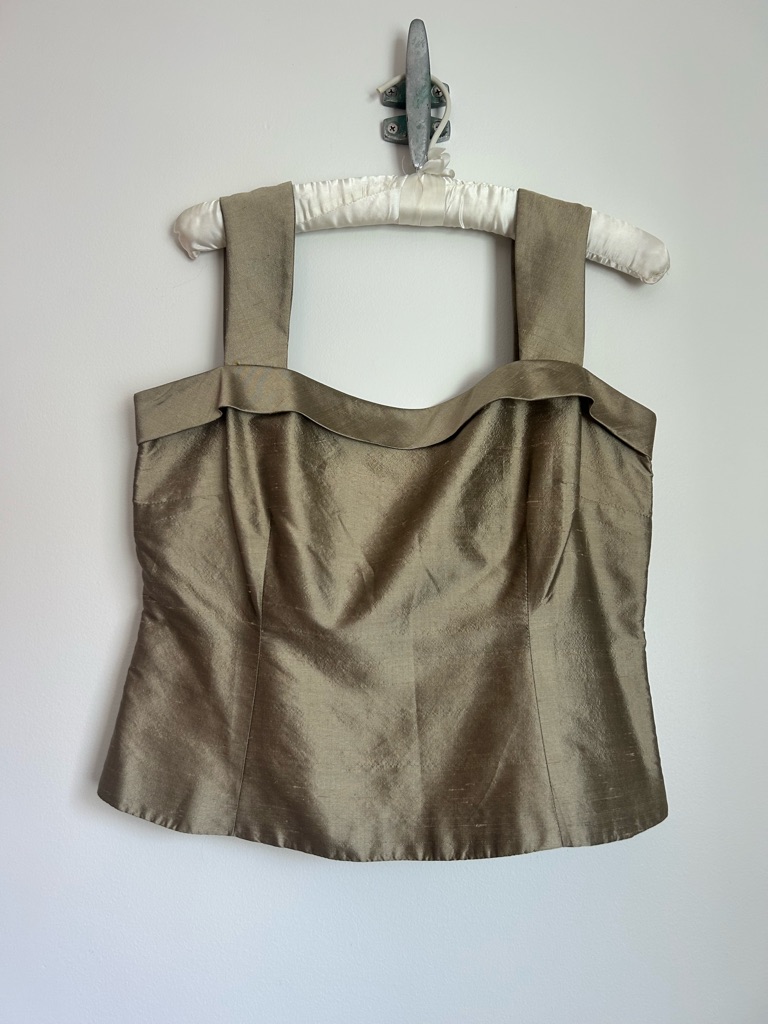 Barraza Olive Silk Shantung Square-Neck Tank Top- Lined, Side Zip- Size 8